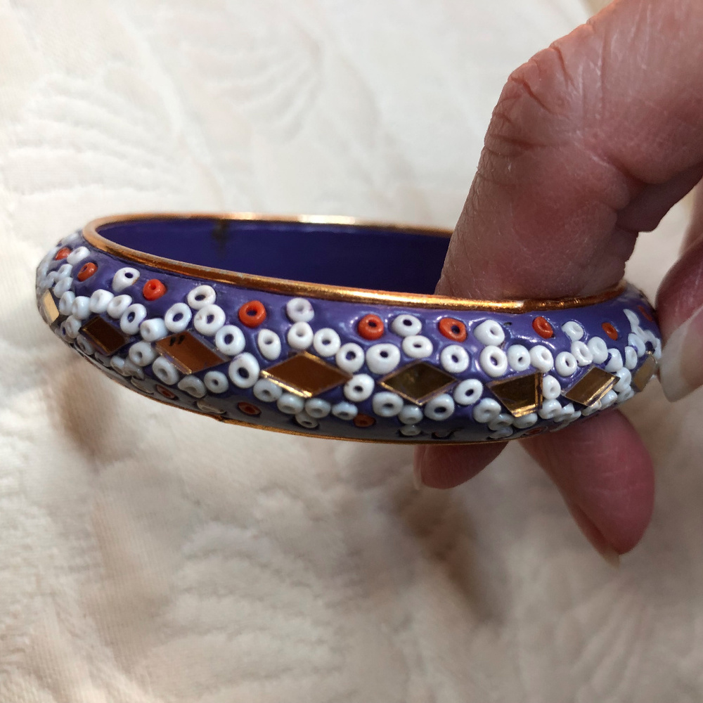 Vintage Bangle Bracelet from India - Mirror / Bead Inlays